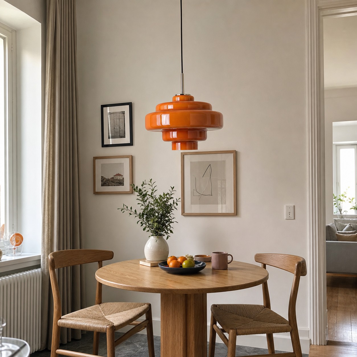 An amber glass pendant light centred above a compact round breakfast table.