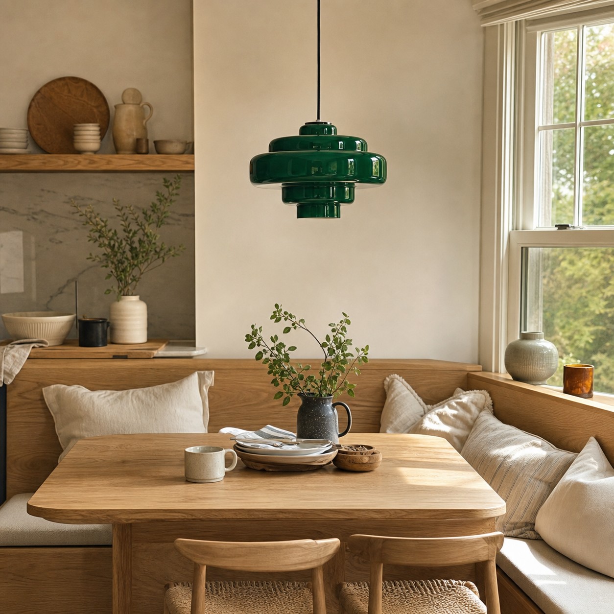 A green glass pendant light above a built-in breakfast bench and small table.
