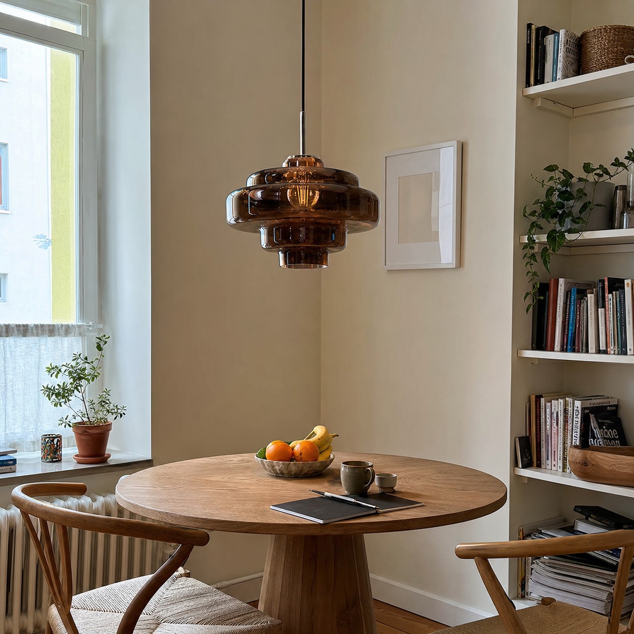 A rounded coloured glass pendant above a small round breakfast table.