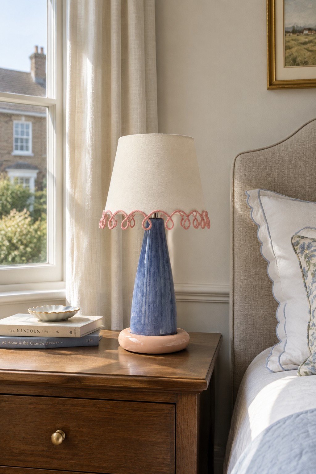 A blue bedside lamp with a cream scalloped shade