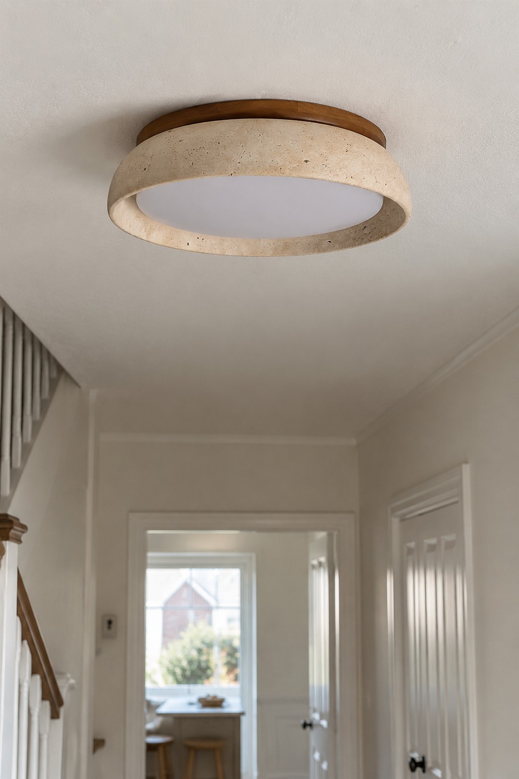 A round wood-trimmed ceiling light in a bright hallway