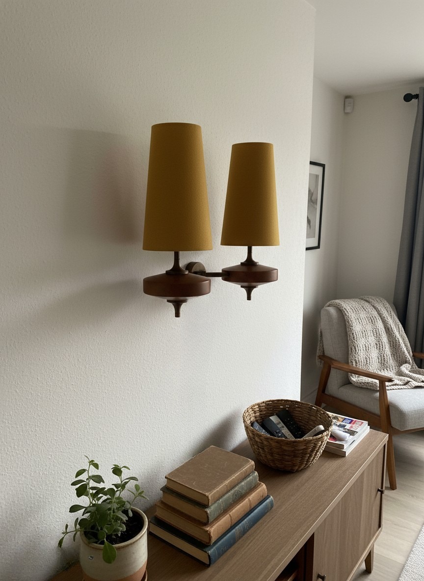 A double wall light with mustard shades above a console table