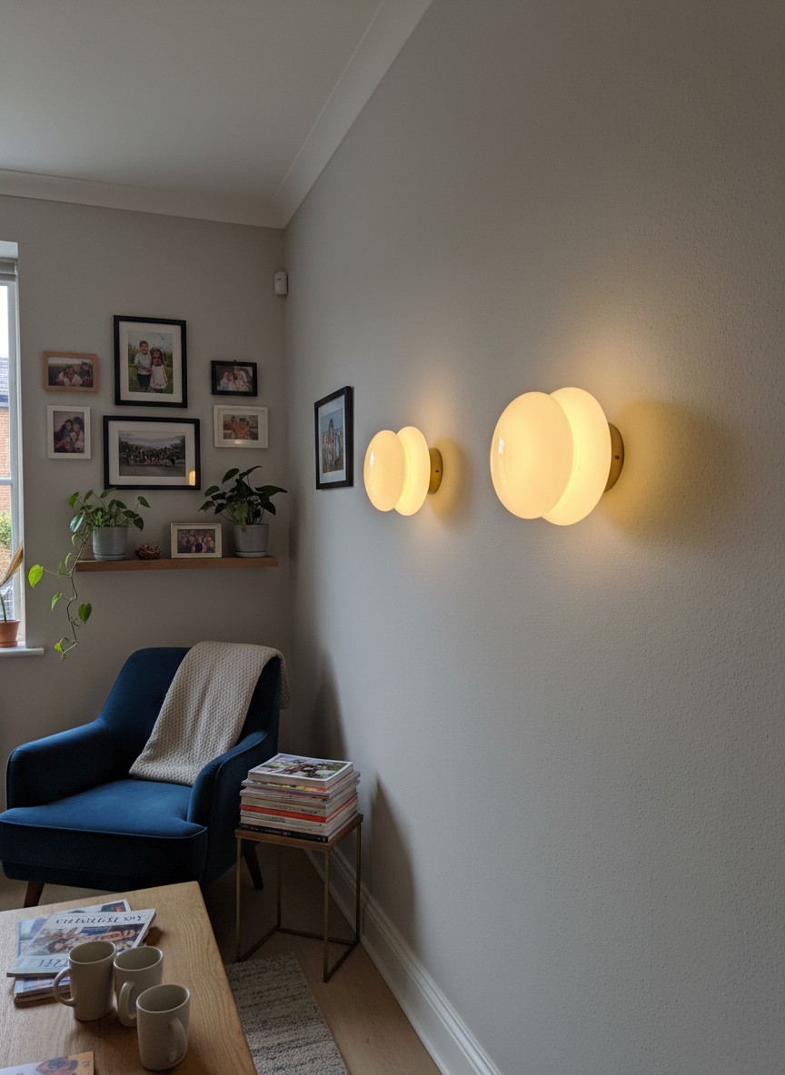 Two glowing round wall lights in a sitting room