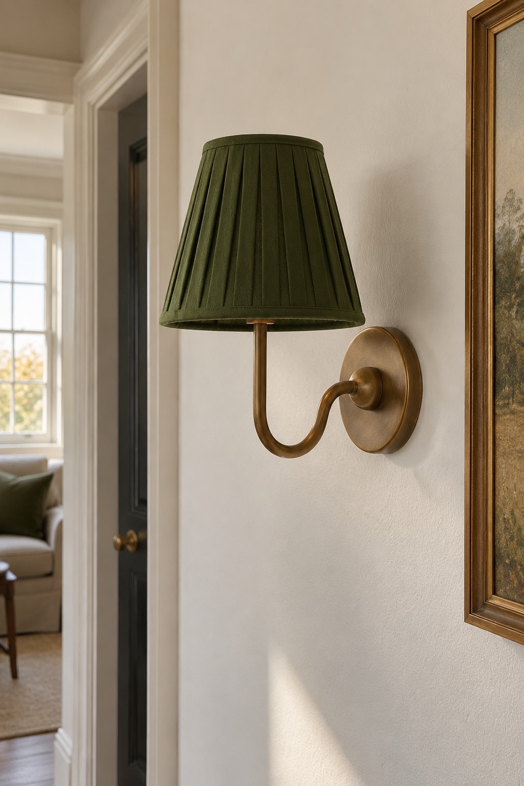 A brass wall light with a green pleated shade