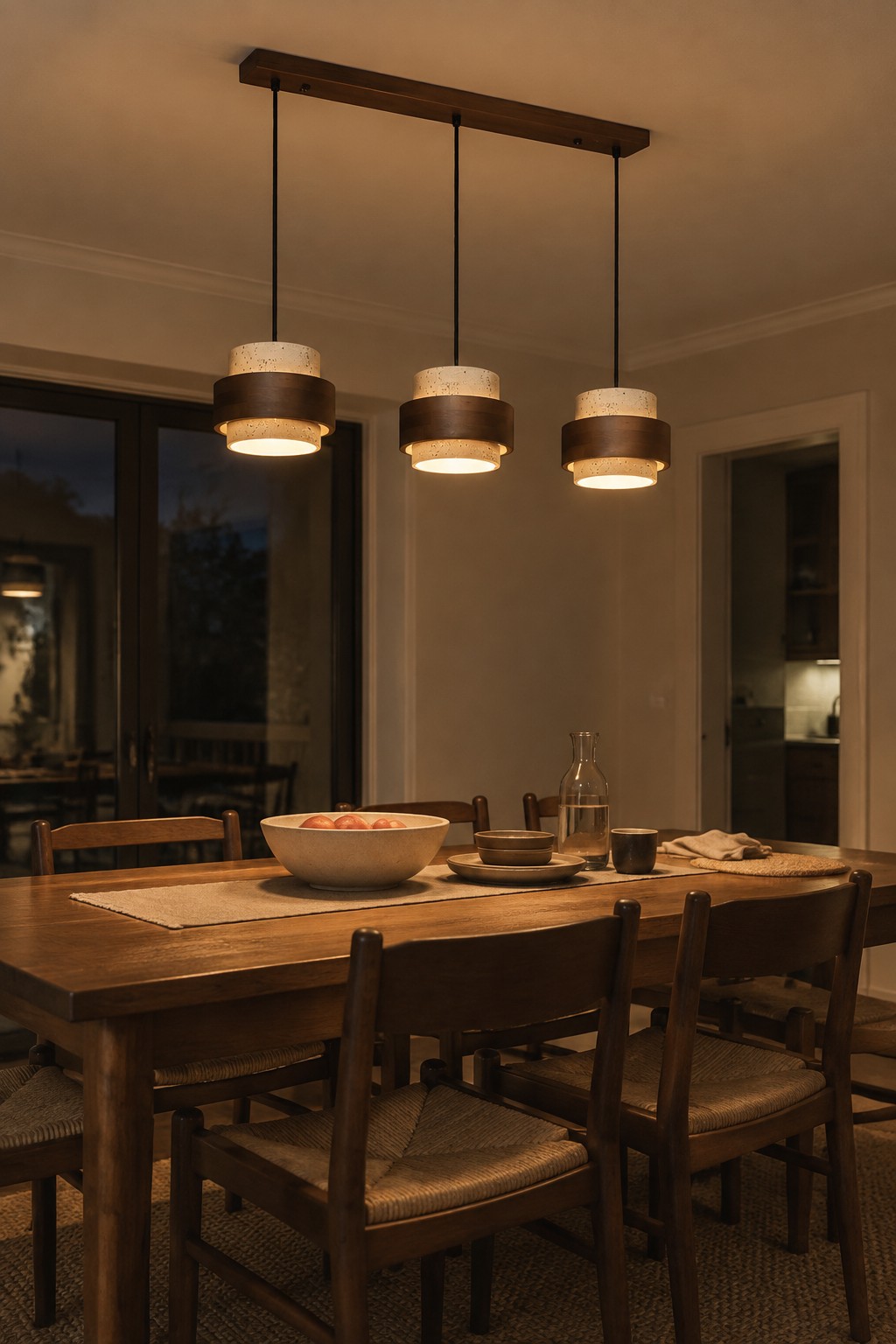 Three warm pendant lights above a wooden dining table