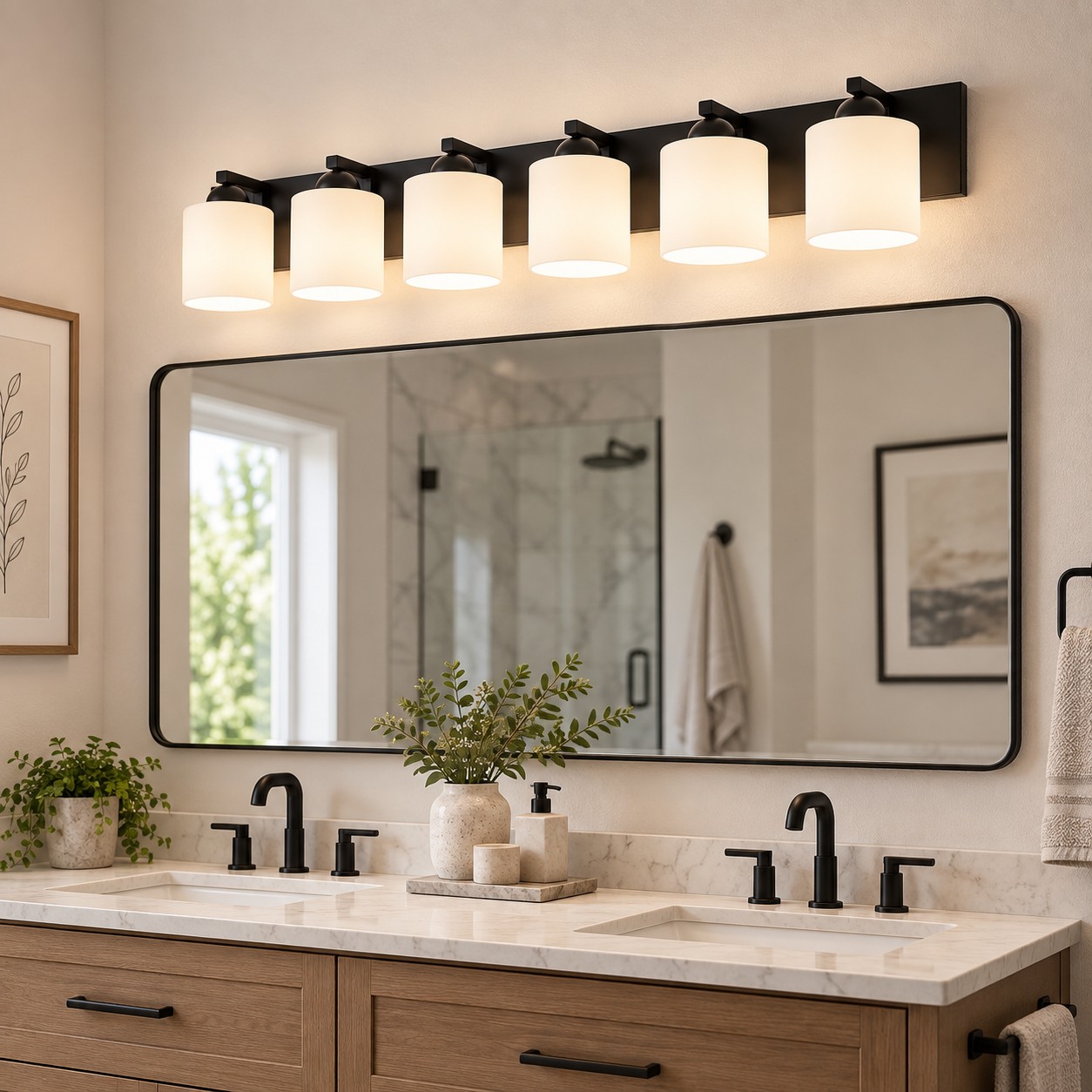 Modern Metal Bathroom Vanity Light — Cylindrical Glass Shades — A natural perspective