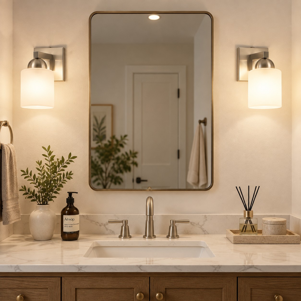 Modern Metal Bathroom Vanity Light — Cylindrical Glass Shades — A natural perspective
