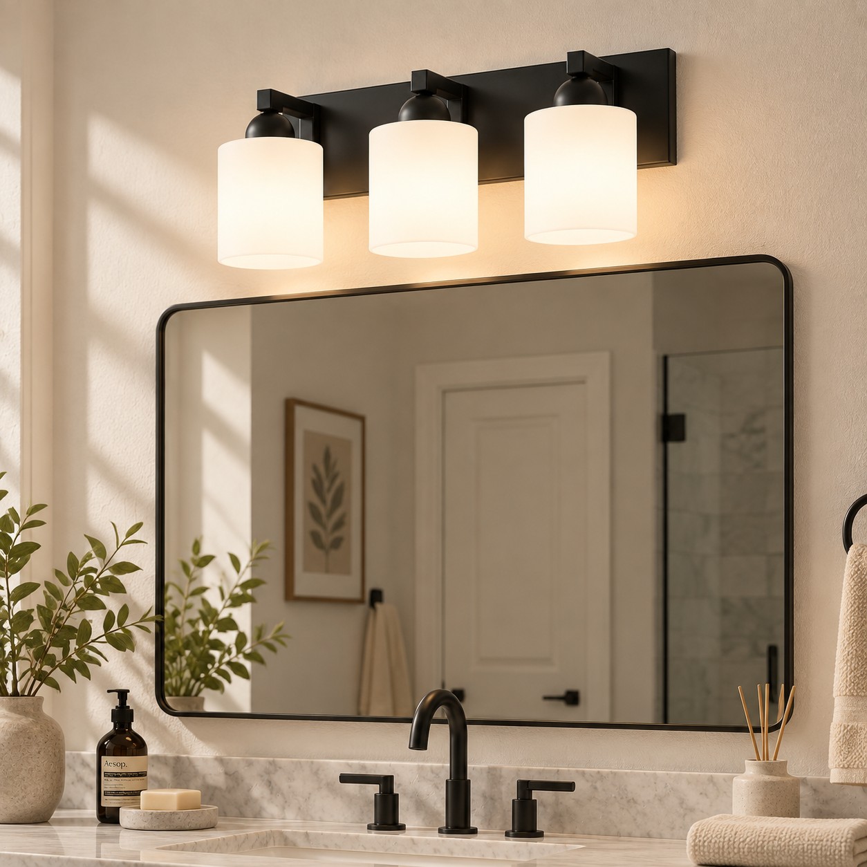 Modern Metal Bathroom Vanity Light — Cylindrical Glass Shades — A natural perspective