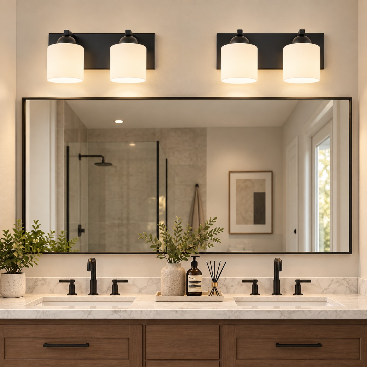 Modern Metal Bathroom Vanity Light — Cylindrical Glass Shades — A natural perspective