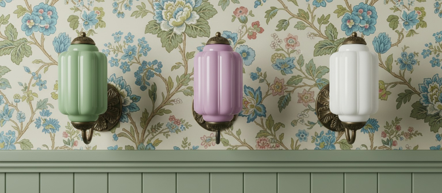 Eloise wall lights in green, lavender and white on floral wallpaper