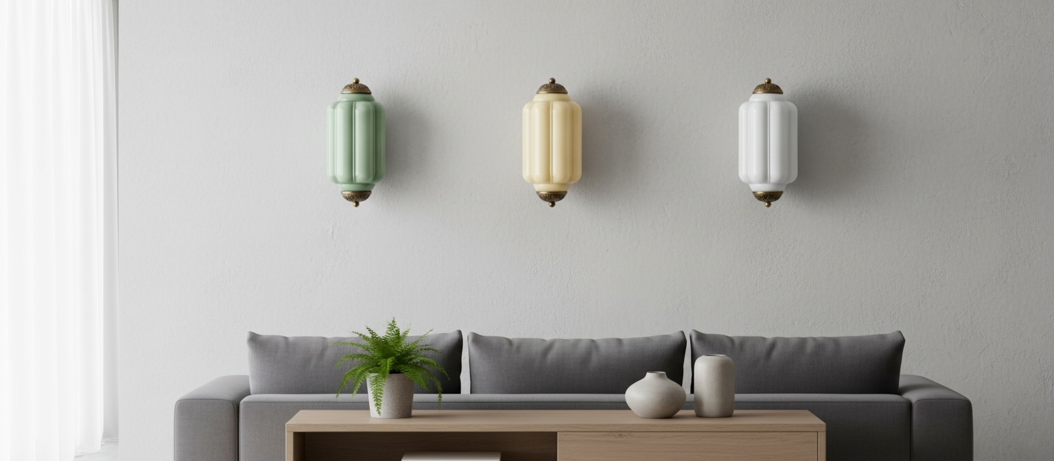 Eloise ribbed glass wall lights in three colours above a sofa