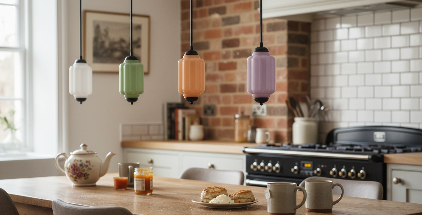 Eloise pendant lights in multiple colours above a kitchen table