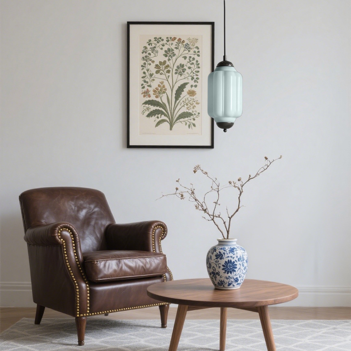 Blue glass pendant in sitting area