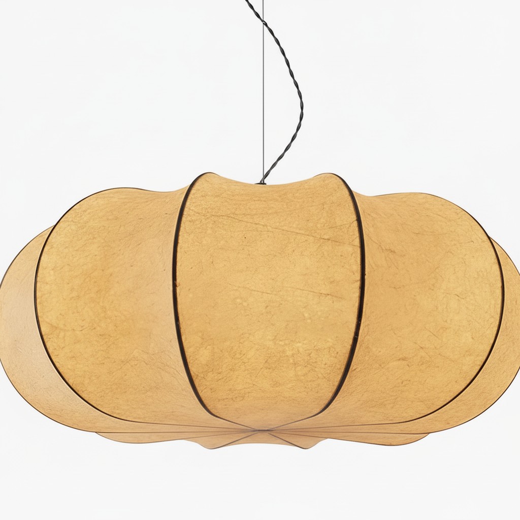 Curved oblate silk pendant shade illuminated