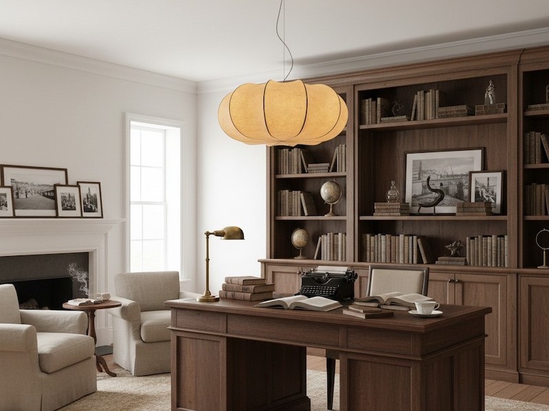 Curved Oblate Silk Pendant Lamp in a study room