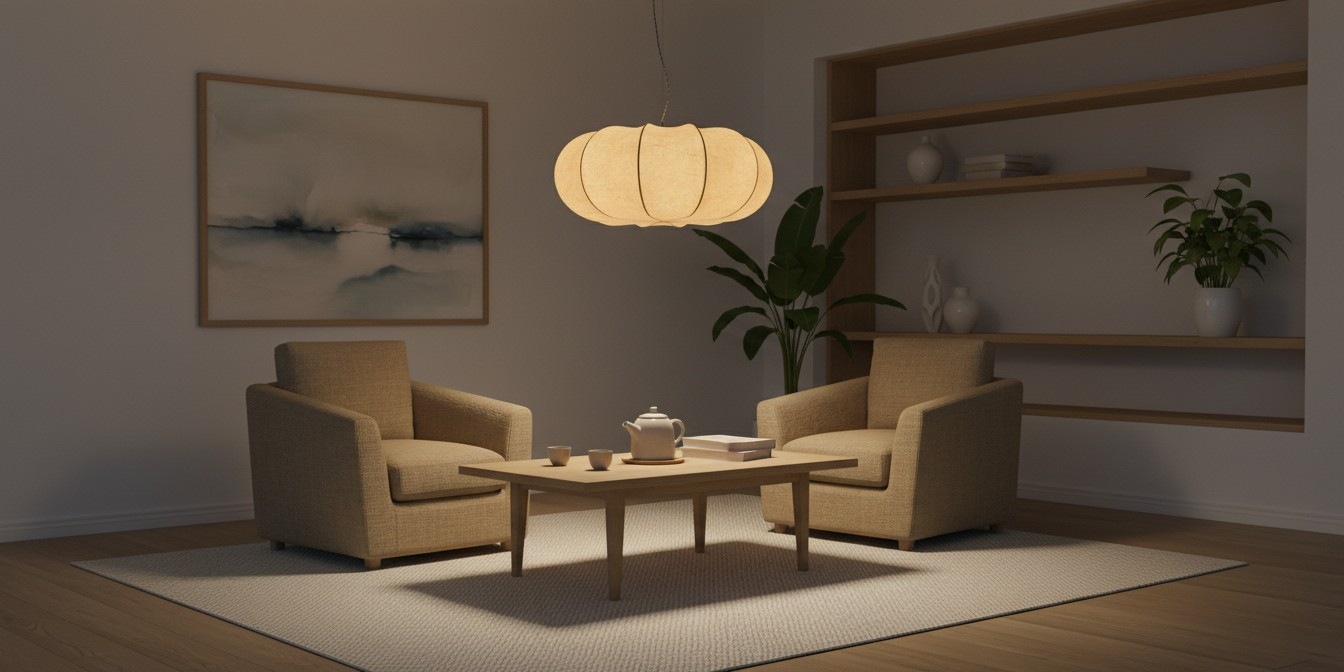 Curved Oblate Silk Pendant Lamp in a warm living room scene