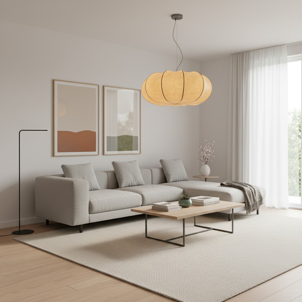 Curved Oblate Silk Pendant Lamp in a living room
