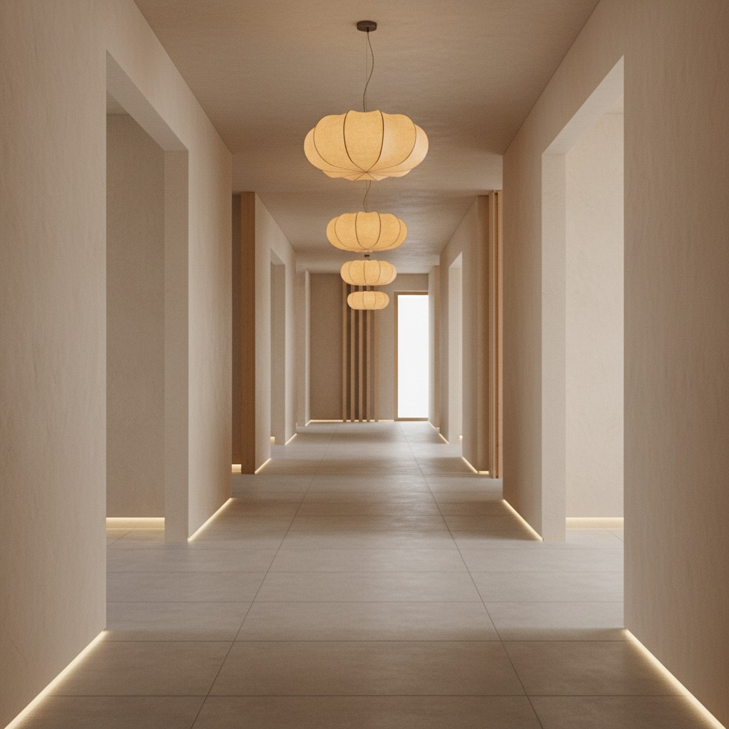Curved oblate silk pendant lamps in a hallway