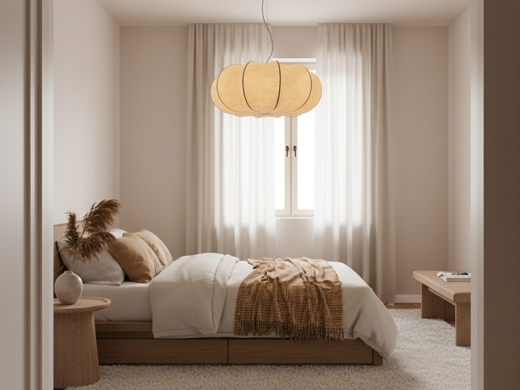 Curved Oblate Silk Pendant Lamp in a bedroom scene