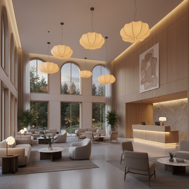 Multiple curved oblate silk pendant lamps in a lounge