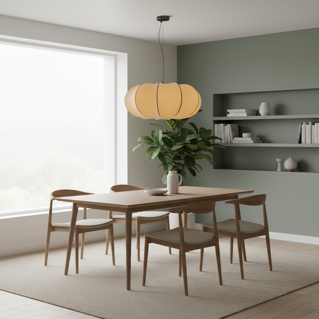 Curved Oblate Silk Pendant Lamp above a dining table