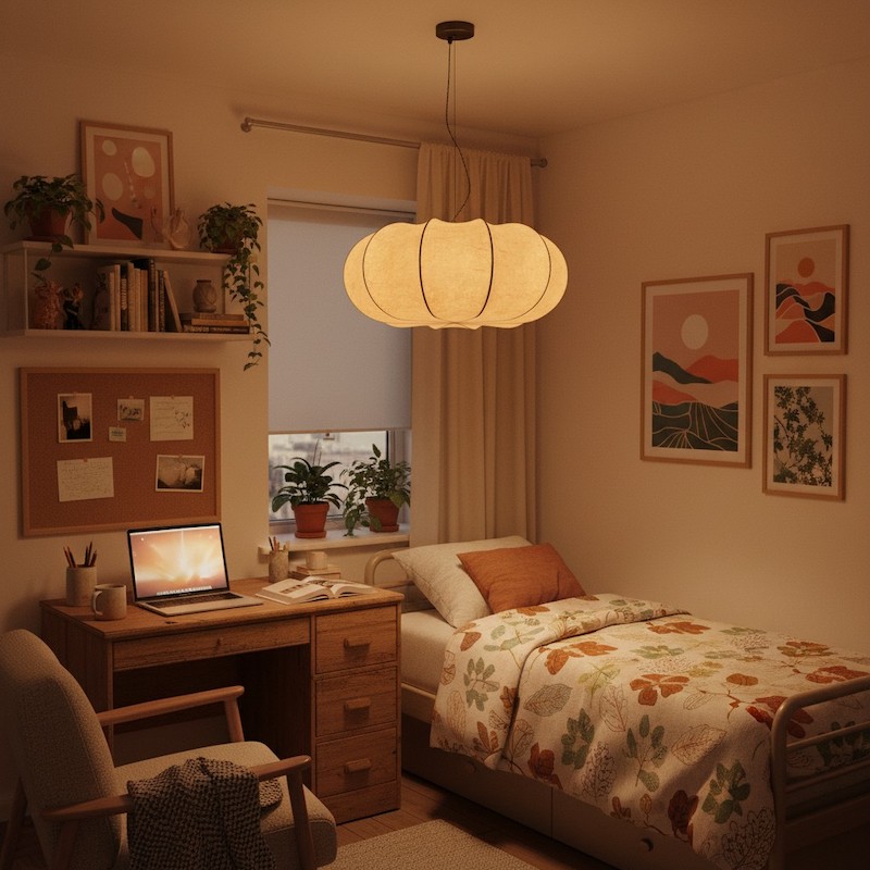 Curved Oblate Silk Pendant Lamp in a warm bedroom