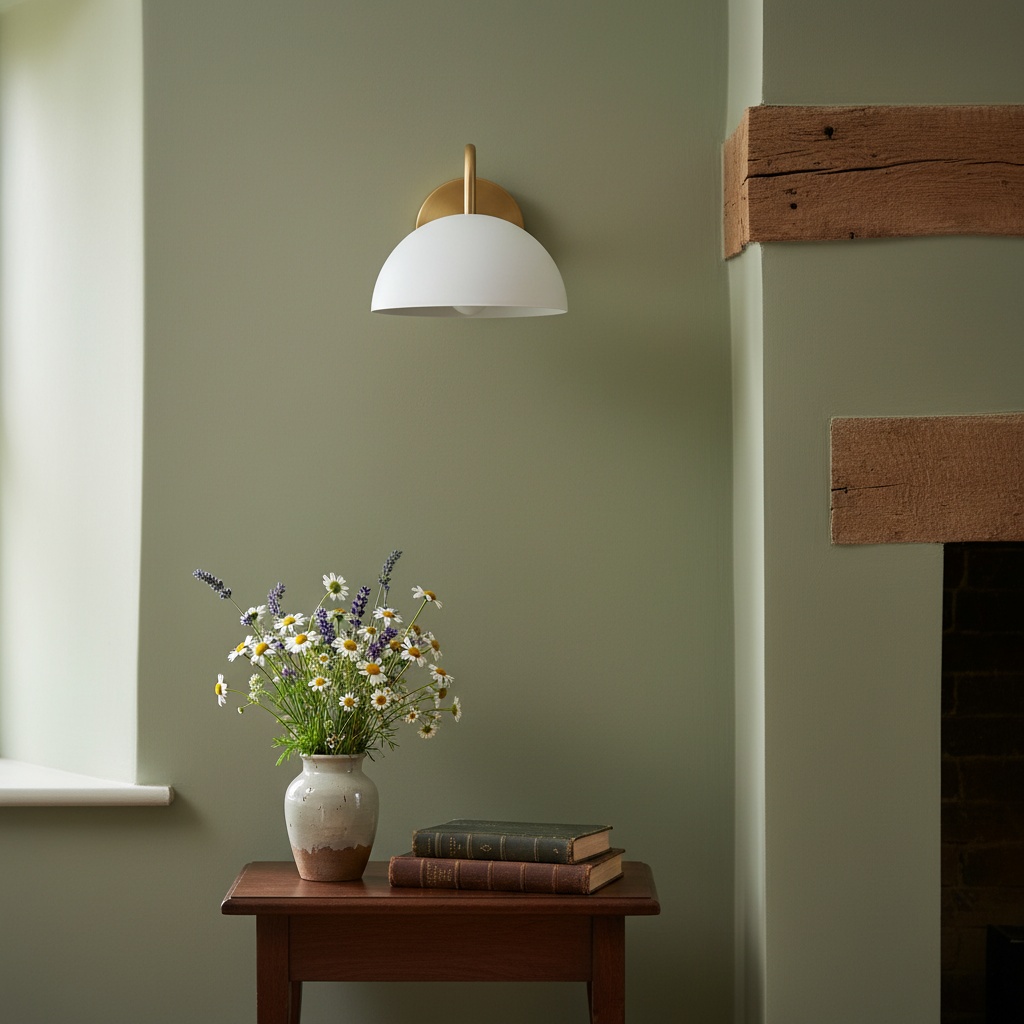 Curva wall sconce over flowers in a calm green room