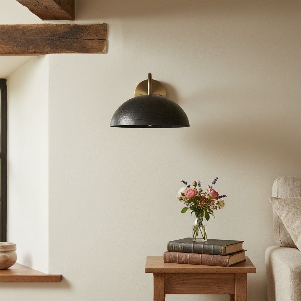 Curva wall sconce above books and flowers