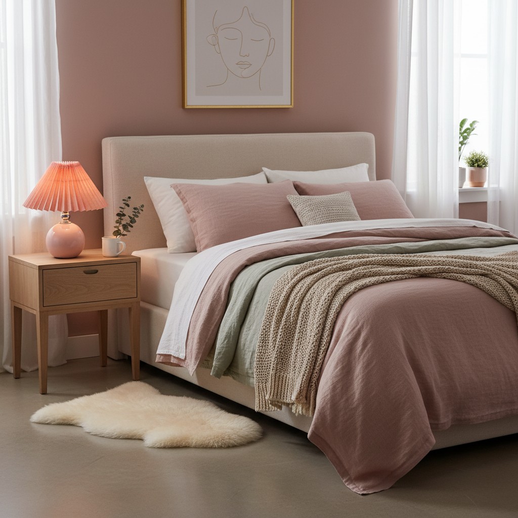 Pink Lunara lamp on a bedroom nightstand