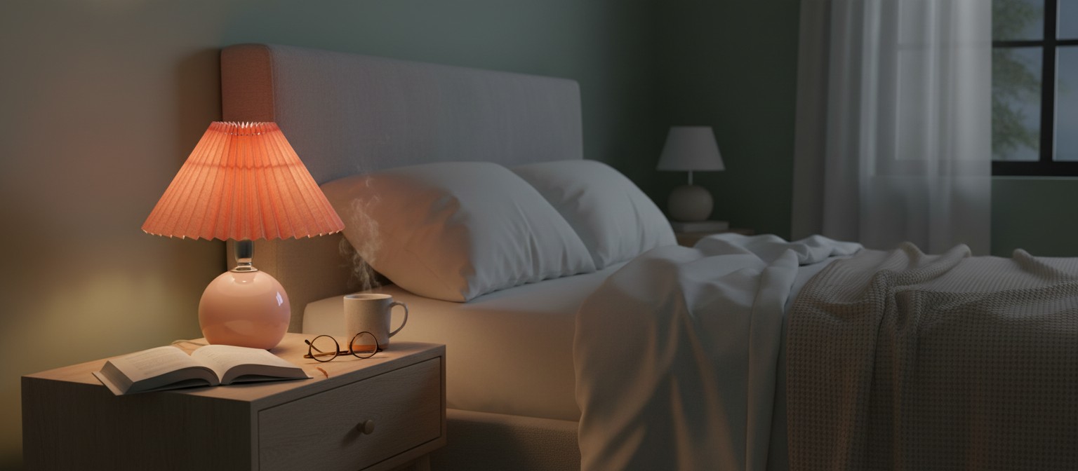 Lunara pleated fabric lamp glowing on a bedside table