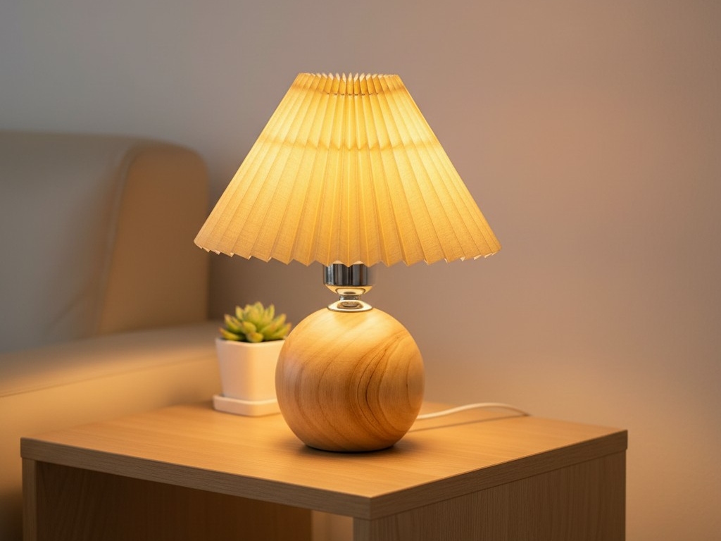 Wood base Lunara lamp glowing on a table