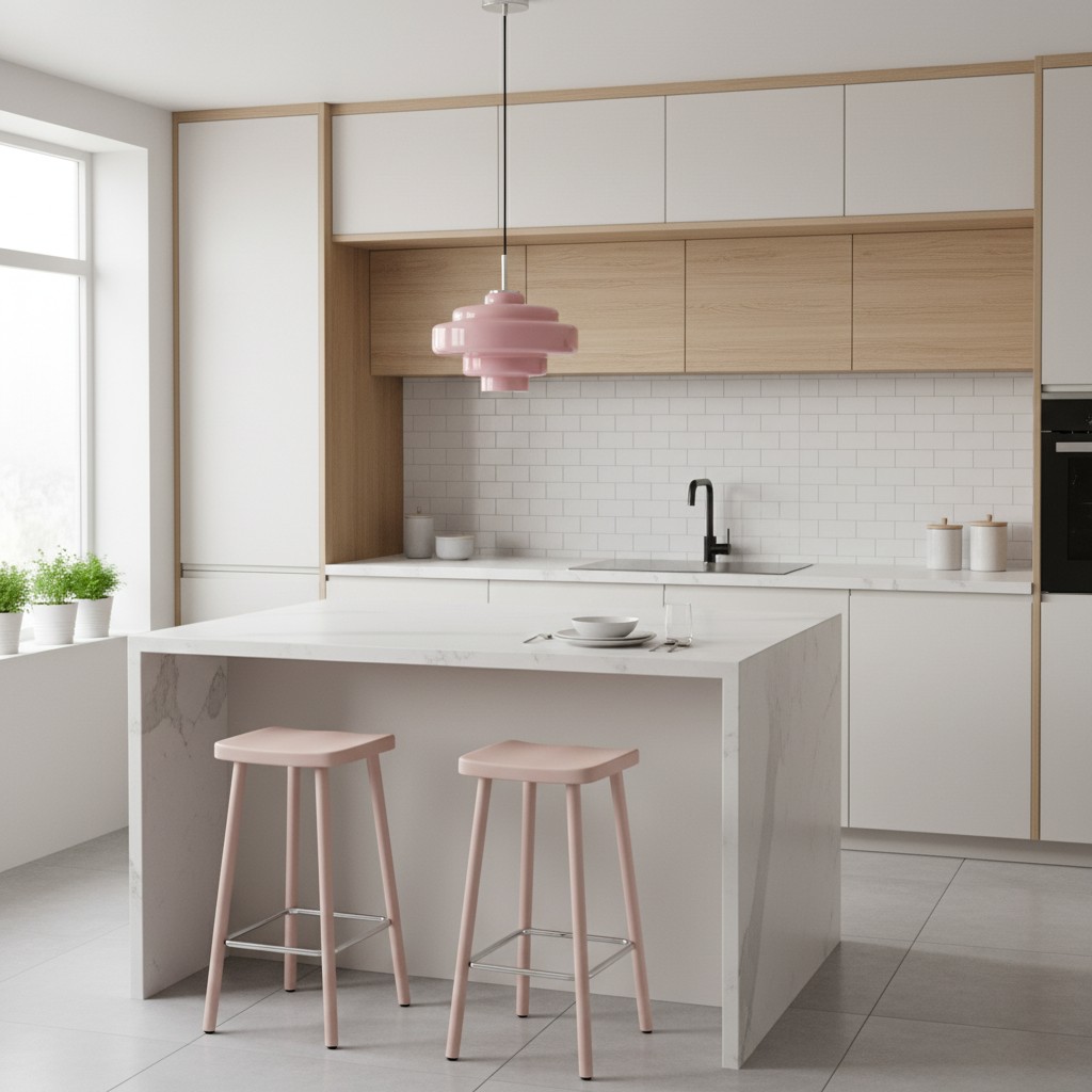 Koloro pink pendant light over a kitchen island