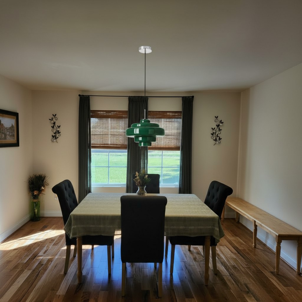 Customer photo showing green Koloro pendant light in dining room