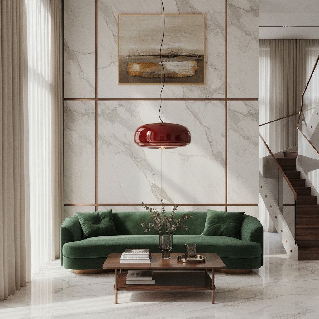 Clinco red glass pendant with green sofa