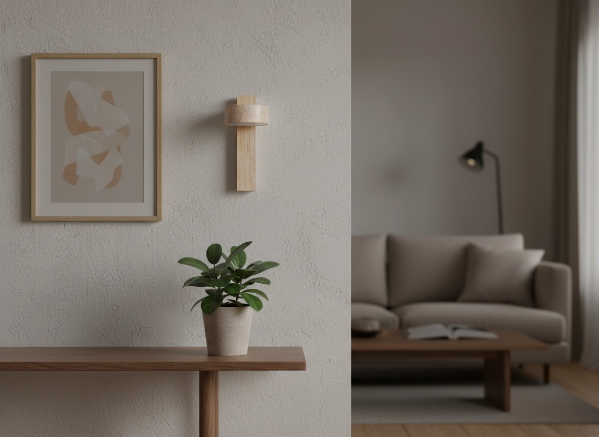 Travertine wall light in a soft interior scene