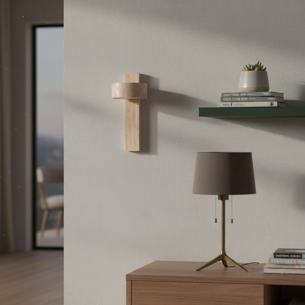 Travertine wall light above a console table