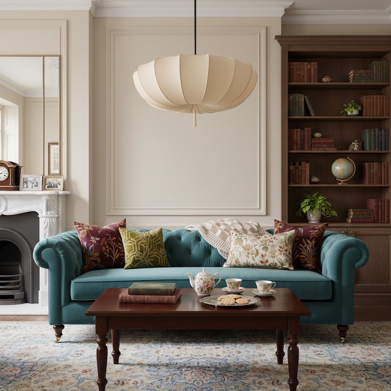 Chandelier scene display above a blue sofa