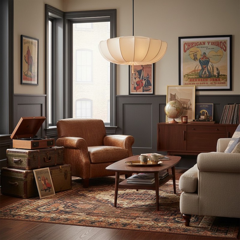 Chandelier scene display in a vintage living room