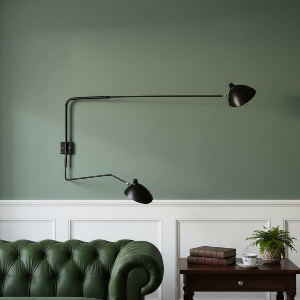 Wall lamp above green sofa