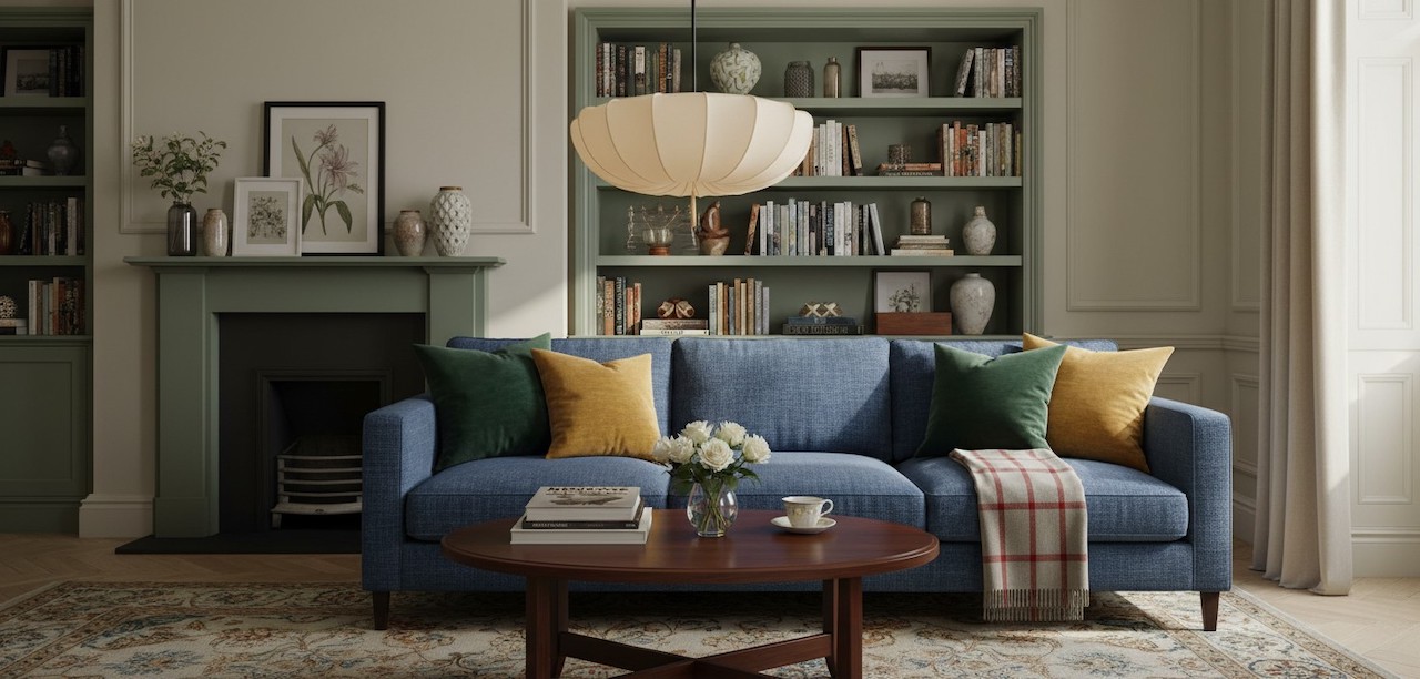 Traditional Japanese round chandelier displayed above a living room sofa