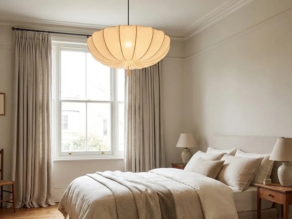 Round chandelier displayed in a bedroom purchase note scene