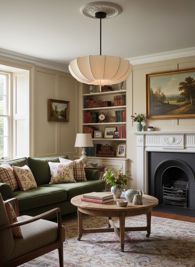 Traditional round chandelier installed in a living room