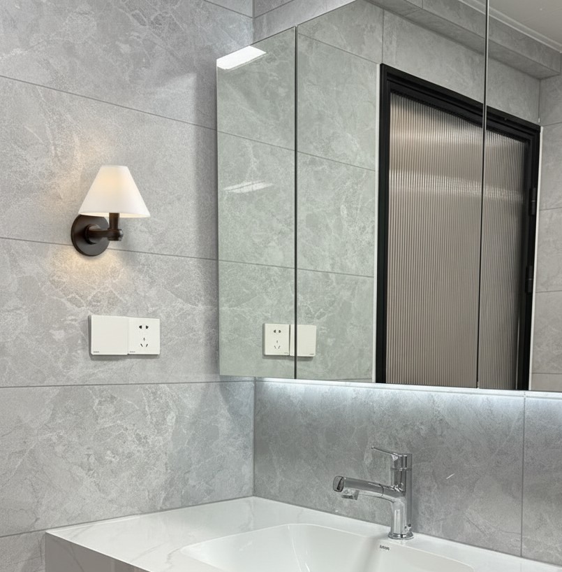 Customer bathroom with Roven wall sconce