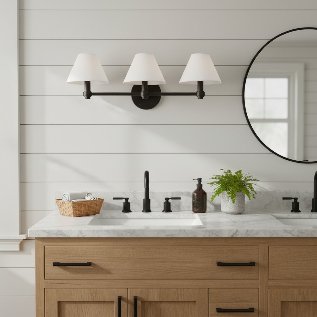 Three light Roven wall sconce above a bathroom vanity