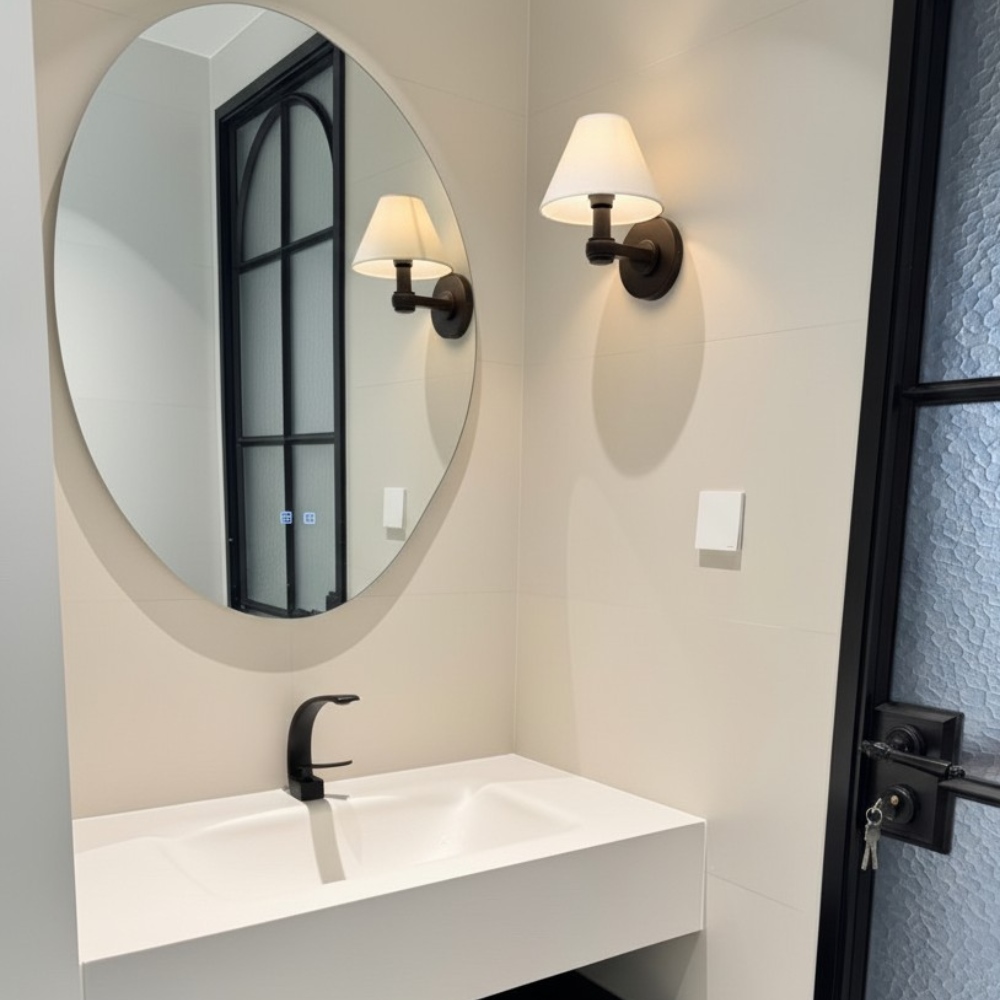 Customer sink area with paired Roven wall sconces