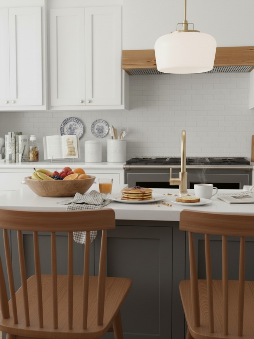 Customer kitchen scene with opal glass pendant light