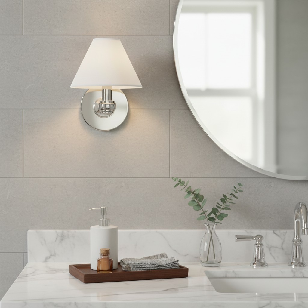 Single Roven wall sconce beside a round bathroom mirror