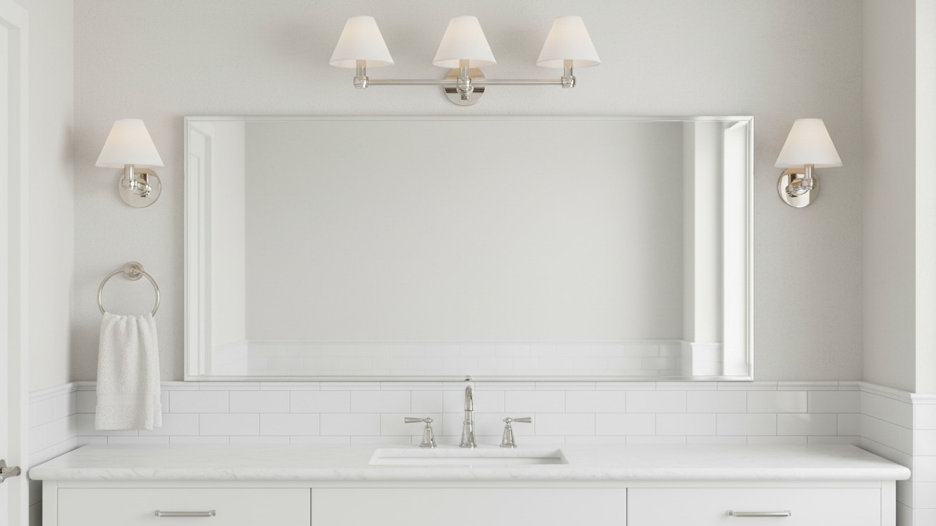 Roven wall sconce installed around a bathroom vanity mirror