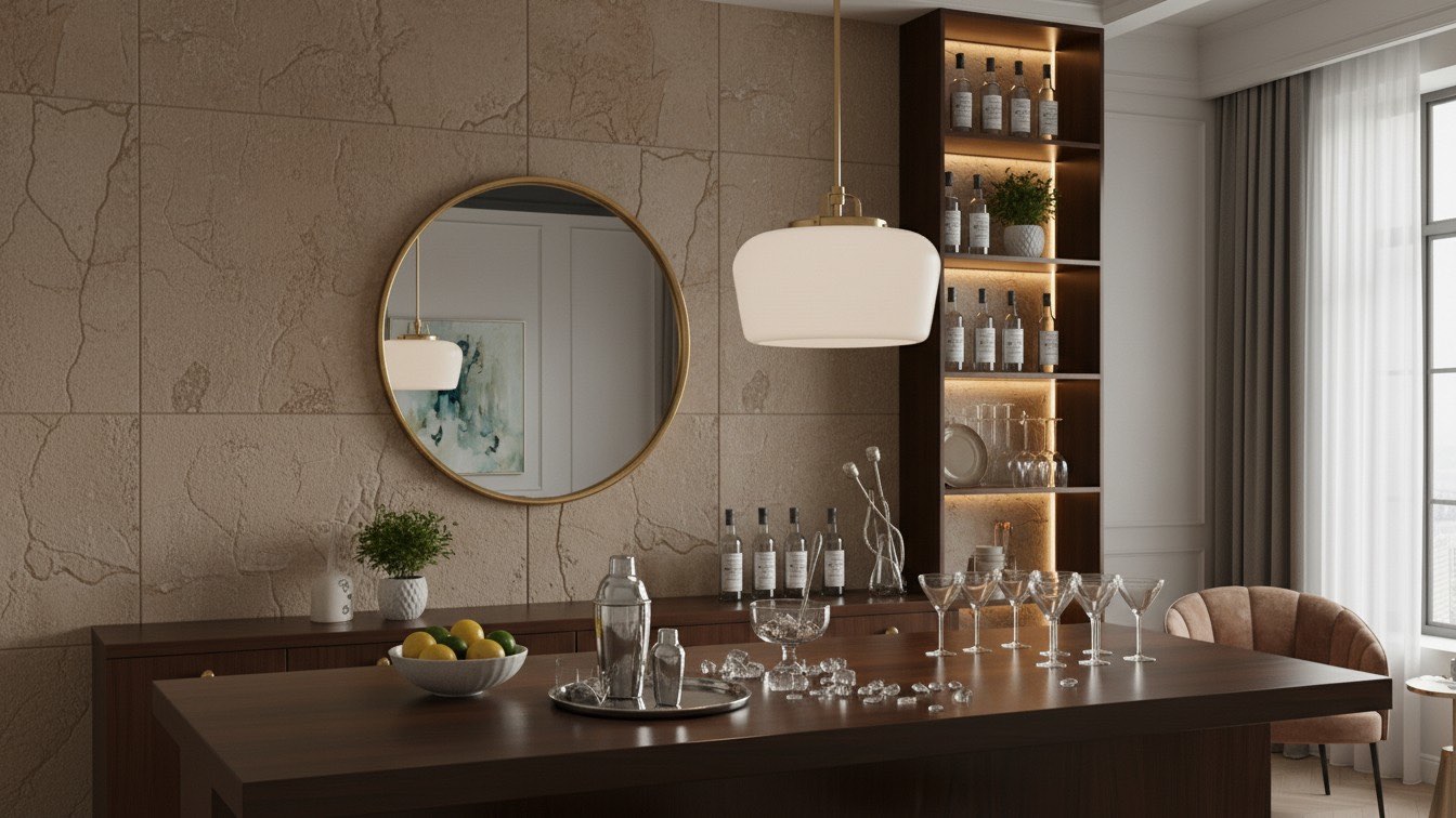 Lirra opal glass pendant light over a dining and bar table