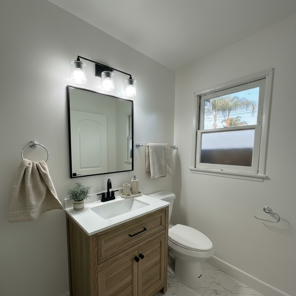 Customer bathroom featuring Lirra vanity light